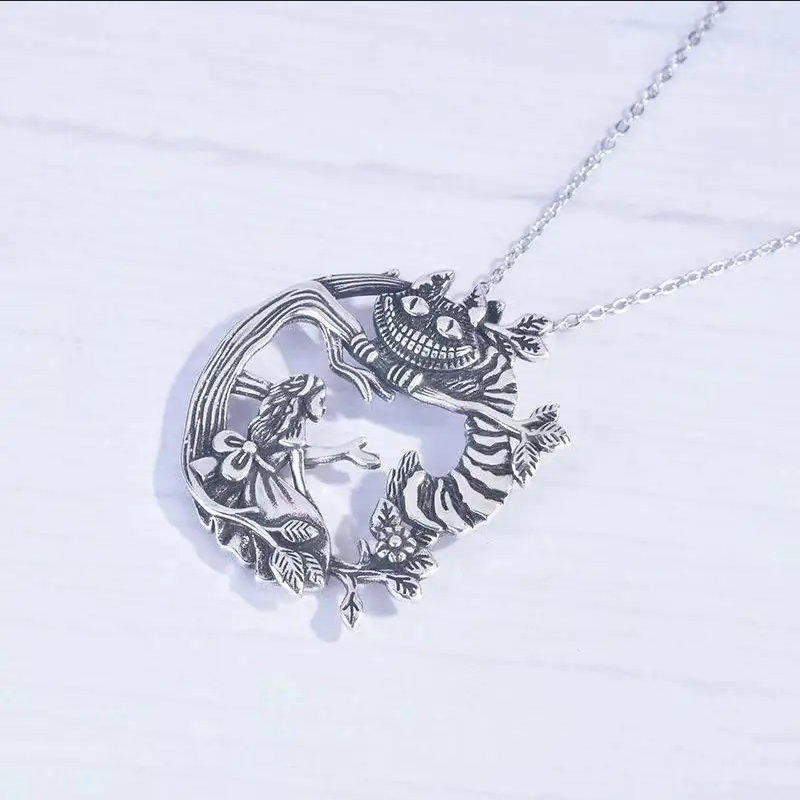 Alice In Wonderland Cheshire Cat Jewelry Vintage Silver Pendant Necklace