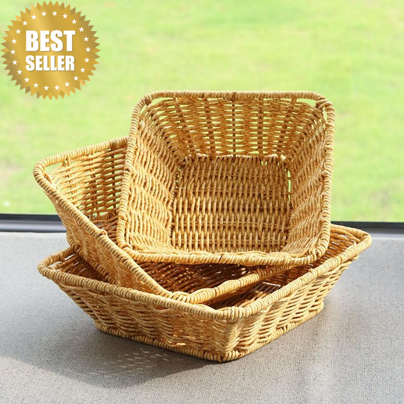 3 PCS 16 Inch Poly-Wicker Bread Baskets, Bamboo Baskets, (Yellow) | Woven Food S
