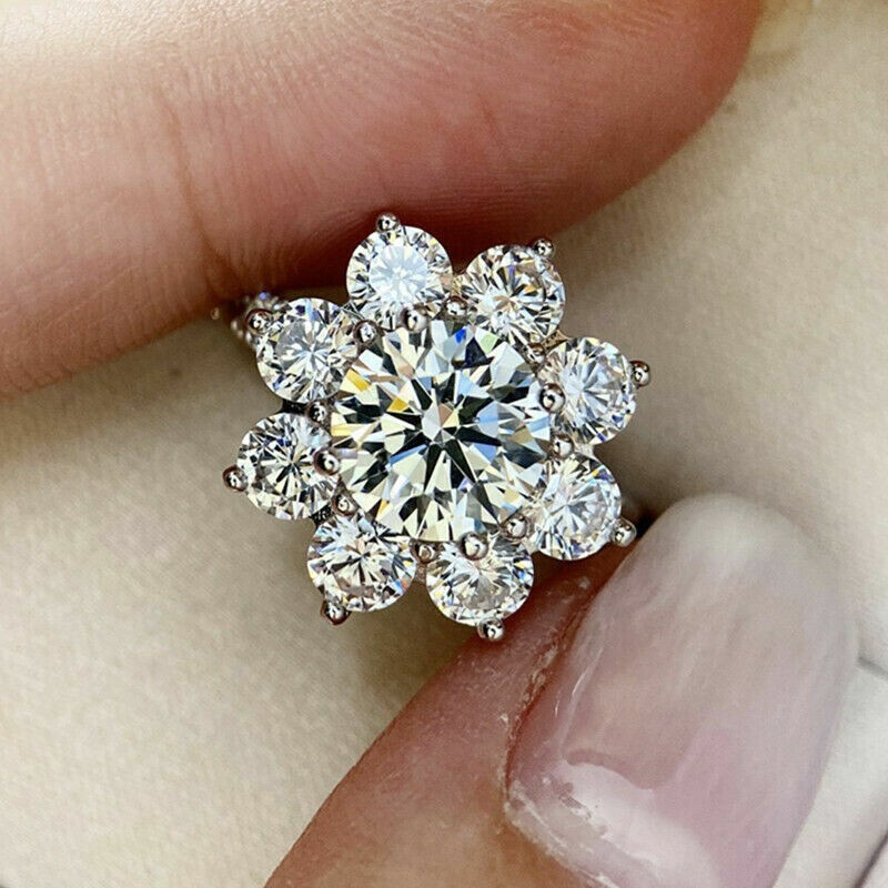 2CT Round Cut Diamond Halo Flower Lab Created Engagement Ring 14K White Gold FN