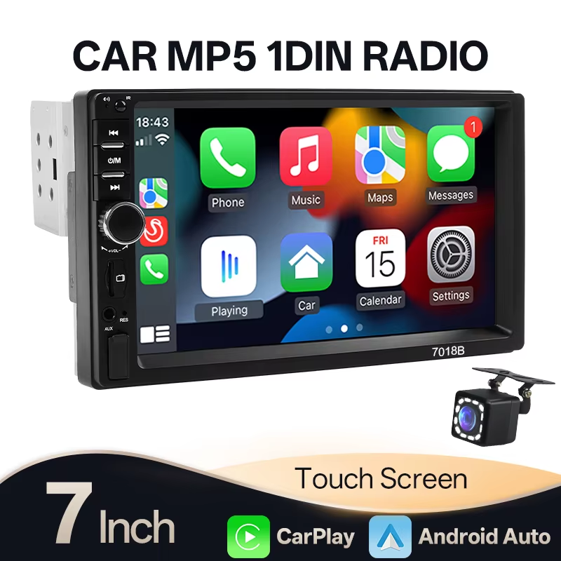 7” 1din Carplay Android Auto Car Radio MP5 Multimedia Player FM Receiver ISO Pow