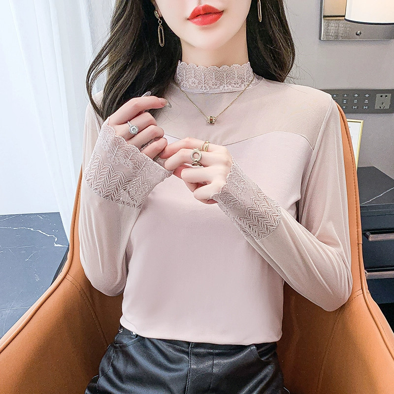 Lady Lace Mesh T-shirt Tops Mock Neck Long Sleeves Blouse Sheer Bottom Tee Sexy