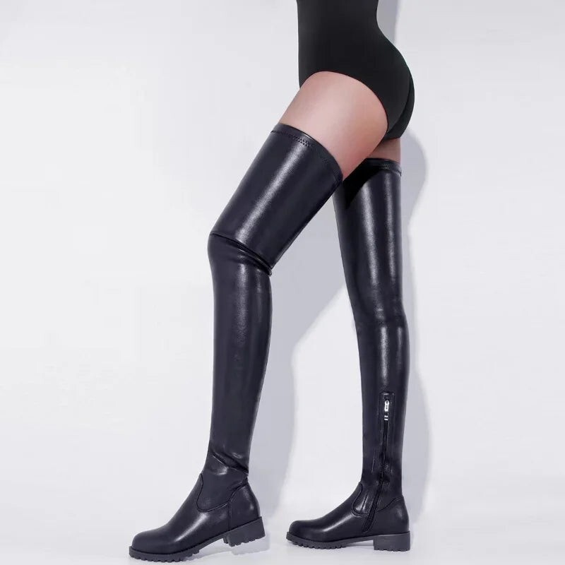 Flache Boots Stiefel Overknee Reißverschluß Leder-Optik Blockabsatz  36-42 image 2