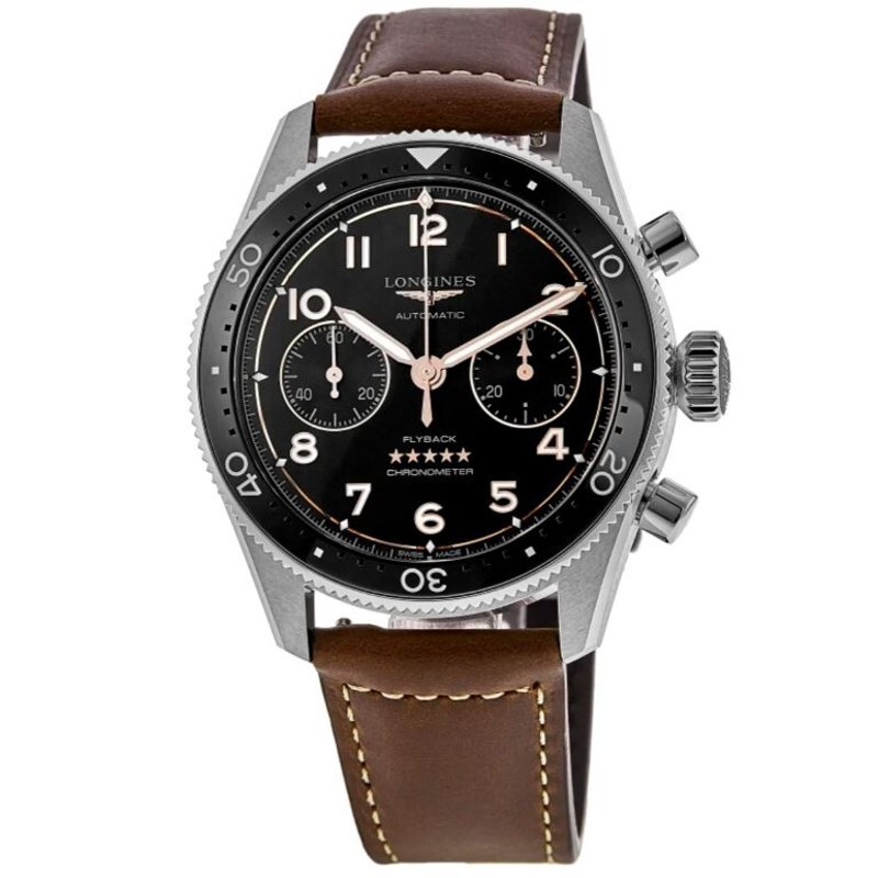 Pre-owned Longines Spirit Flyback Chrono Black Dial Leather 42mm Men's Watch L3.821.4.53.2