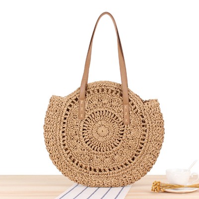 US Boho Woven Handbag Summer Beach Tote Straw Bag Round Rattan Shoulder Handbag