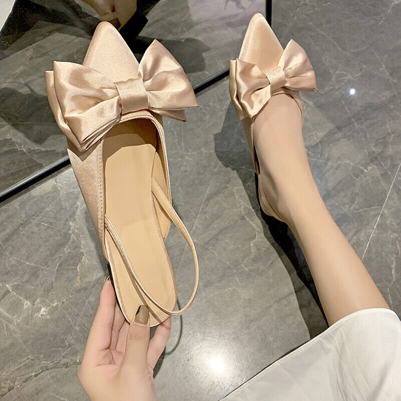 Ladies Pointy Toe Slingback Flat Heel Bowknots Sandals Satin Mules Casual Shoes