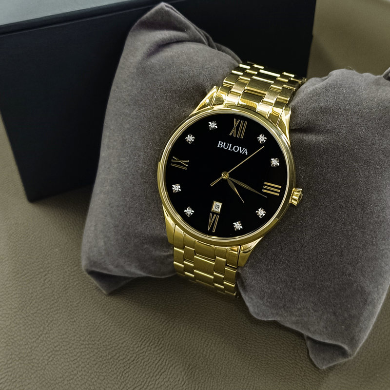 Bulova Gold Tone Diamond Black Dial 97D108 Classic Quartz Watch 405242154956
