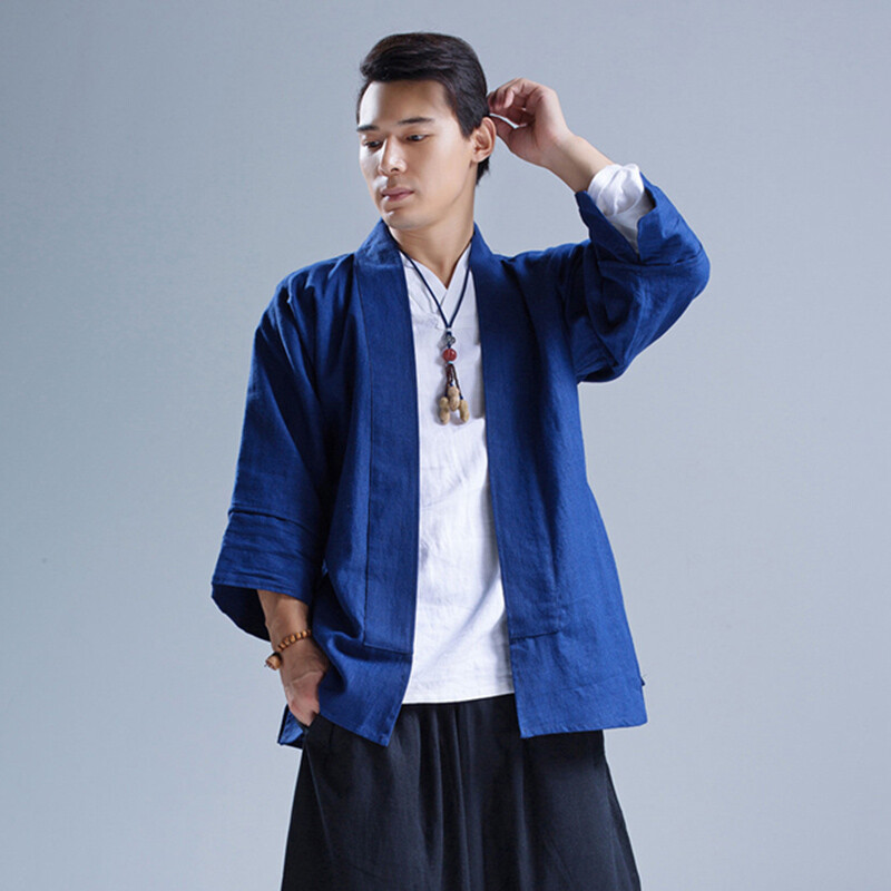 Men Linen 3/4 Sleeve Japanese Kimono Shirt Loose Cardigan Jacket Top Casual Soft