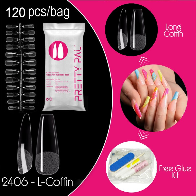120pcs Long Coffin Soft Gel False Nail Tips Semi-Frosted Soak Off Fake Nails