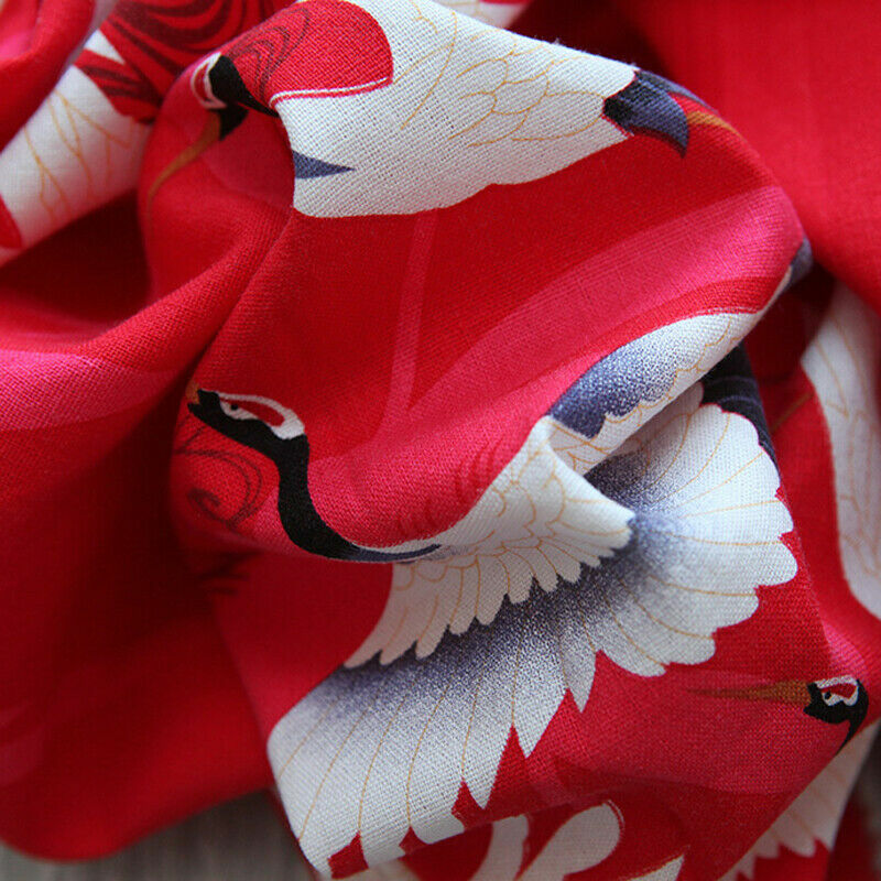 1Meter Red Crane Pattern Cotton Linen Fabric Japanese Ethnic Cloth for Kimono UK