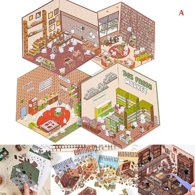 4 Sets DIY 3D House Stickers, Fun DIY Stickers Scene Make Your Own Supermarket ~