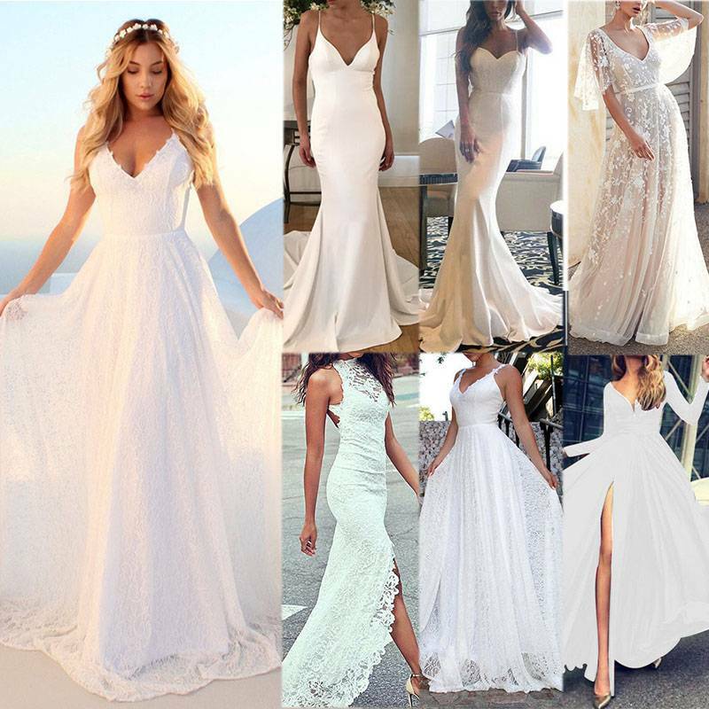 Damen Weiß Lang Kleid Maxikleid Abend Partykleid Hochzeits Kleider Cocktailkleid