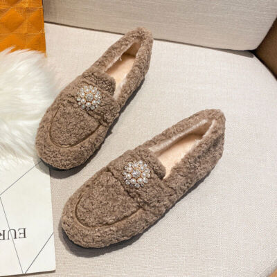 Wool Keep Warm Women's Shoes Pearl Flowers Slip-on Loafers Flat Women Shoes
