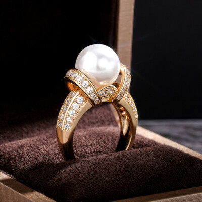White Pearl Fashion 18k Yellow Gold Plated Rings Wedding Women Jewelry Size 6-10