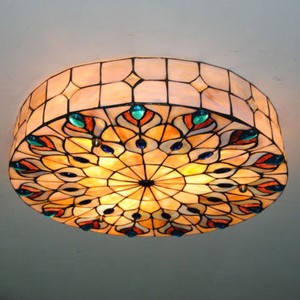 Retro Tiffany Flush Mount Stained Glass Peacock Ceiling Light Lamp