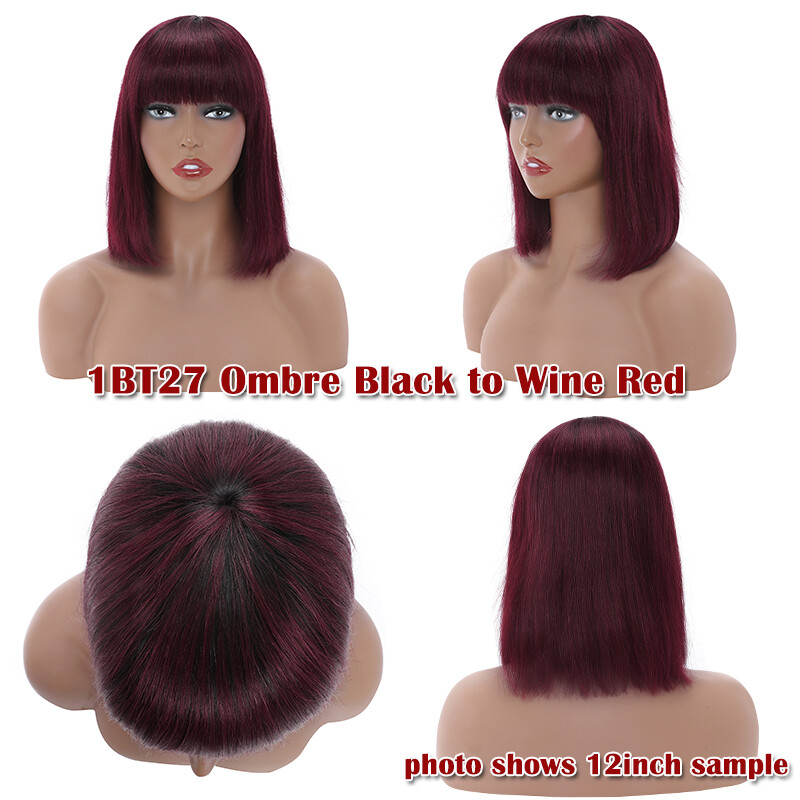 Yaki Straight Short Bob Scalp Top Lace Full Wigs With Bangs 100% Remy Human Hair