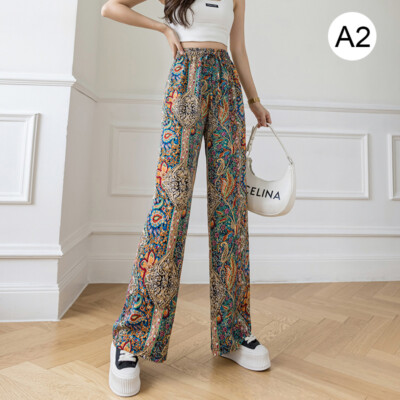 Women Harem Print Cool Chiffon Pants Straight Leg Trousers Palazzo Drawstring