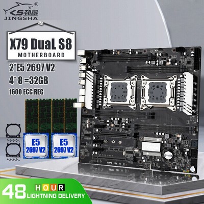 JINGSHA X79 Dual S8 Motherboard With 2* Xeon E5 2697 V2 CPU & 4*8GB DDR3 ECC RAM