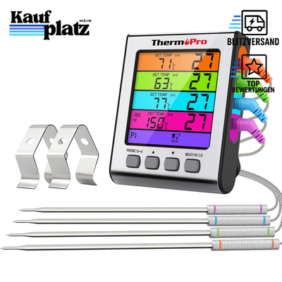 Digitales Grillthermometer mit 4 Sonden bis 300°C, blau beleuchtet