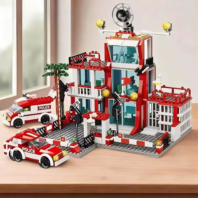 Police and Fire Station Building Blocks Set with Rescue Truck Car Figures Constr