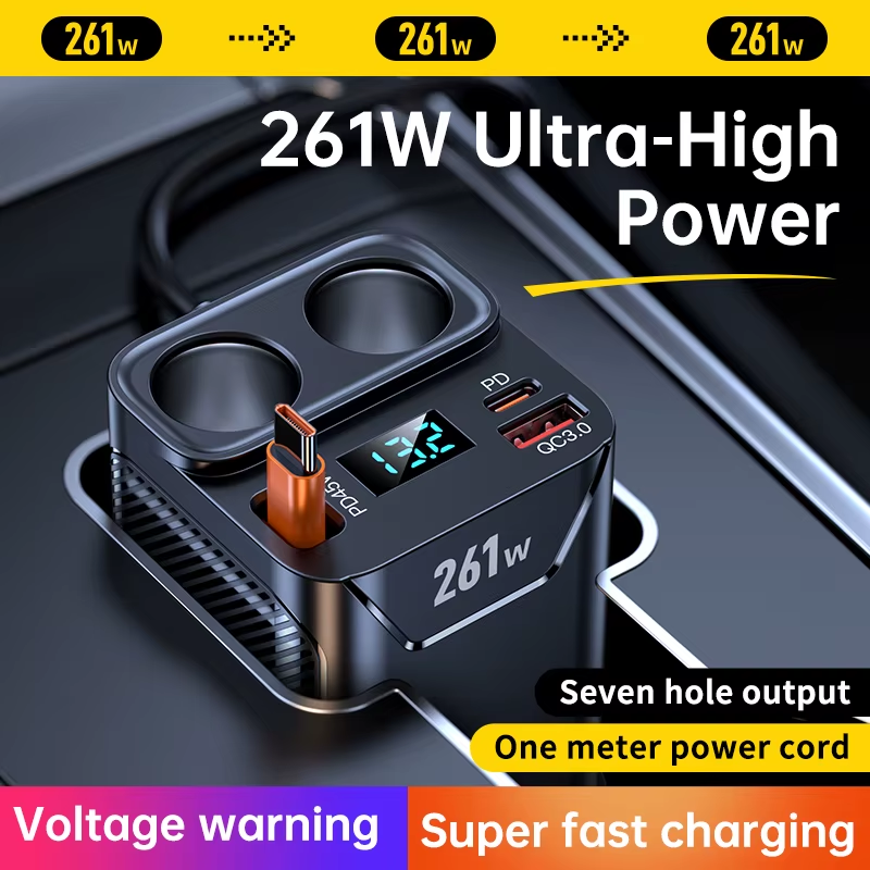 7 in 1 Cigarette Lighter Adapter Cup Holder 261W Car Charger Adapter with PD45W