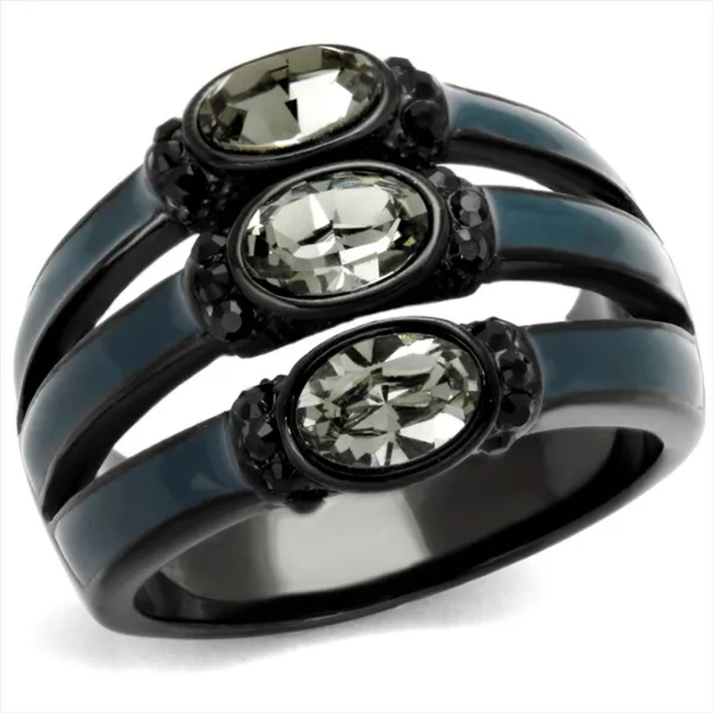 Black & Blue IP Stainless Steel Black Diamond Crystal Fashion Ring Women Size 5-10