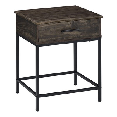Pemberly Row Engineered Wood Brown End Table with Drawer and Metal Frame