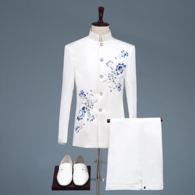 Men's Chinese Style Stand Collar Blazer Pants 2pcs Set White