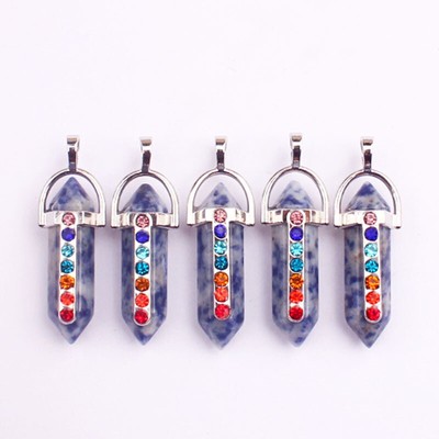 5pcs White Spot Blue Gems Hexagon 7 Chakra Pendants Reiki Healing Amulet