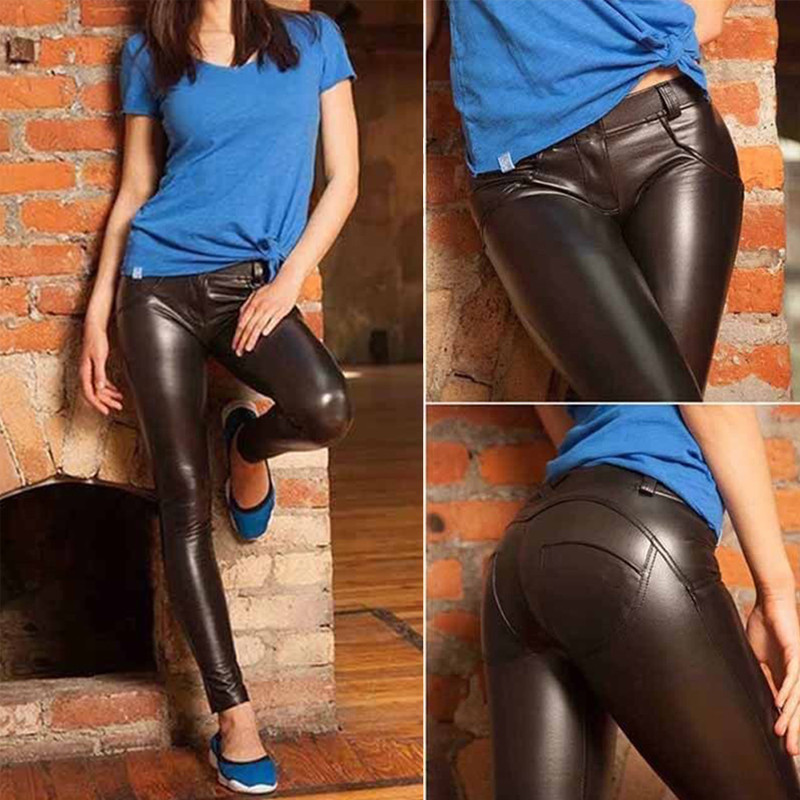 Women Sexy PU Leather Yoga Pants Hip Push Up Workout Stretch Leggings Trousers 19