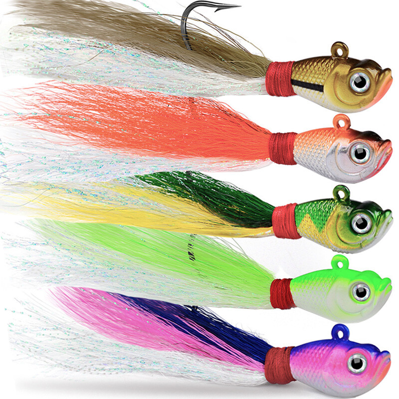 5 Pack Saltwater Bucktail Jigs Head Striper Fluke Bass Teaser Fishing Lure Bait