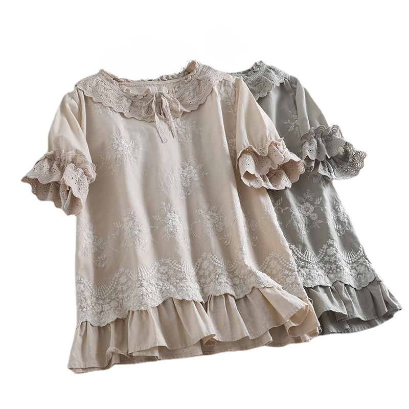 Donna Pizzo Increspato T-Shirt Camicetta Manica Corta Cotone Retrò Lino Larga