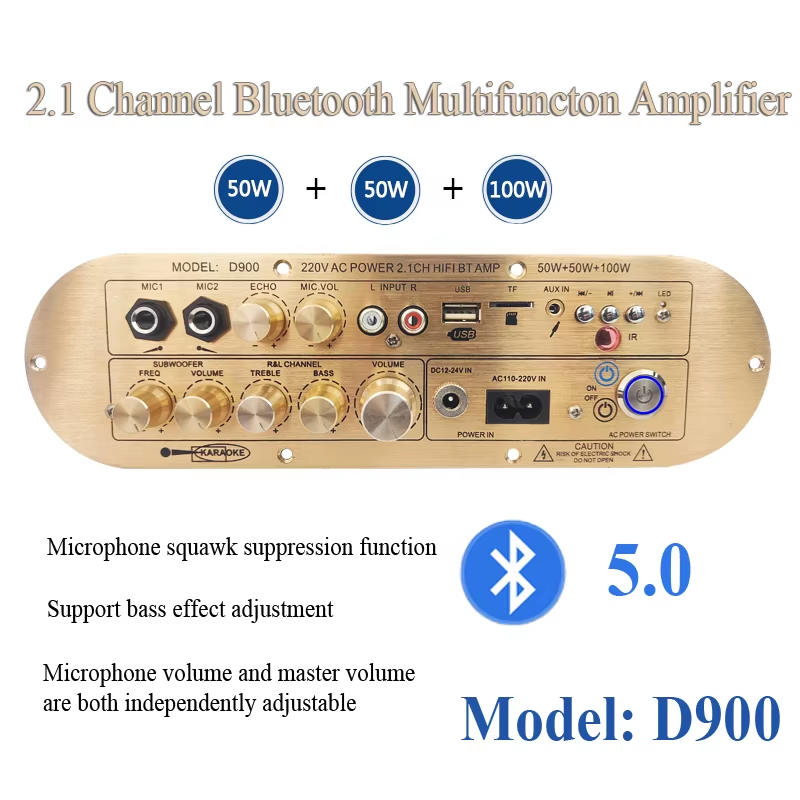 Audio Amplifier Board D900 TPA3116 Channel 2.1 Bluetooth5.0 USB Reverb Adjustmen
