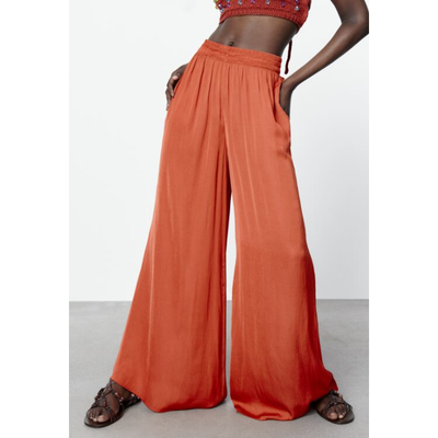 ZARA Wide-Leg Flowing Trousers Satin High Waist Pleated Palazzo Pants, XS  Orange