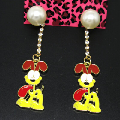 Yellow Enamel Cute Pug Dog Crystal Pearl Fashion Lady Women Stand Earrings