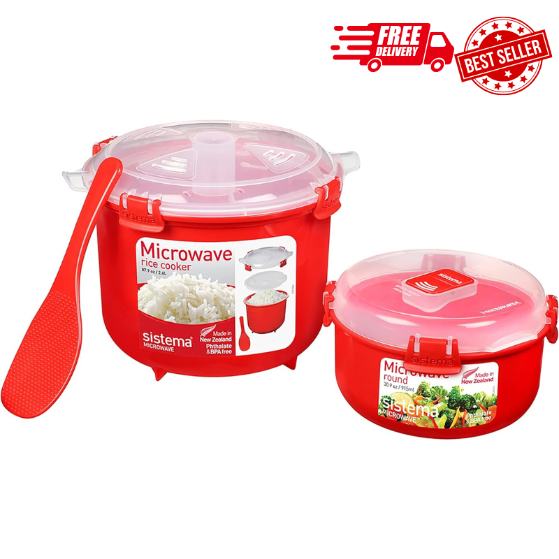Microwave Rice Cooker and Steamer Bowl for Vegetables w/ Steam Release Vent Red