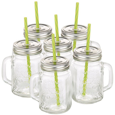 Smoothie Gläser: Retro-Trinkglas mit Henkel, Deckel und Trinkhalm, 6er-Set