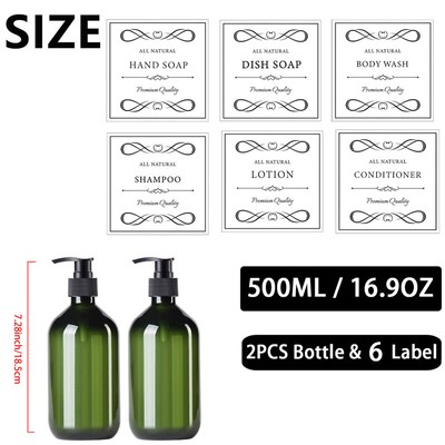 2Pcs 500ml Soap Dispenser Bottles Refillable Body Lotion Container With 6 Labels
