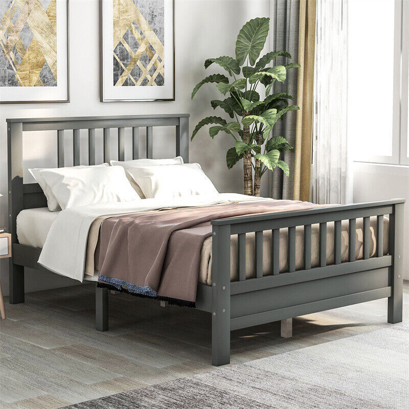 Full Size Wood Platform Bed With Headboard and Footboard Pine Bed Frame, Gray