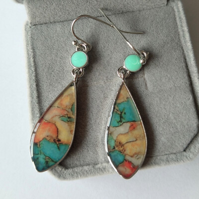 Long Vintage 925 Silver Turquoise Drop Dangle Earrings Party Jewelry Womens Girl