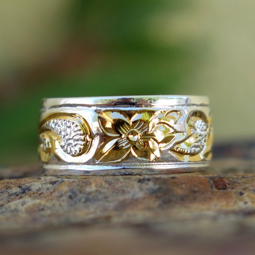 Hawaiian Jewelry Silver Gold Queen Scroll Flower Wedding Ring Band