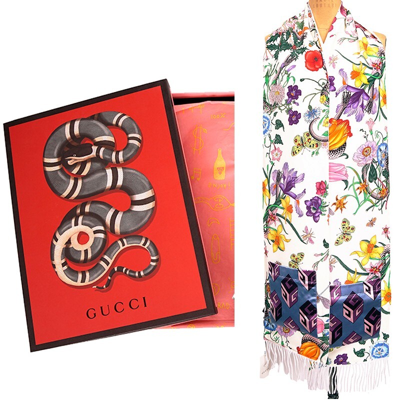 NEW $800 GUCCI White Silk FLORA SNAKE LOGO PRINT Cashmere