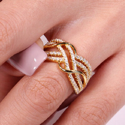 Women Romantic 18k Yellow Gold Plated Ring Cubic Zirconia Jewelry Size 6-10