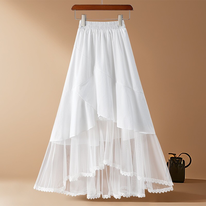 lady-girl-elastic-waist-midi-skirt-ruffle-irregular-mesh-splicing-gauze-summer