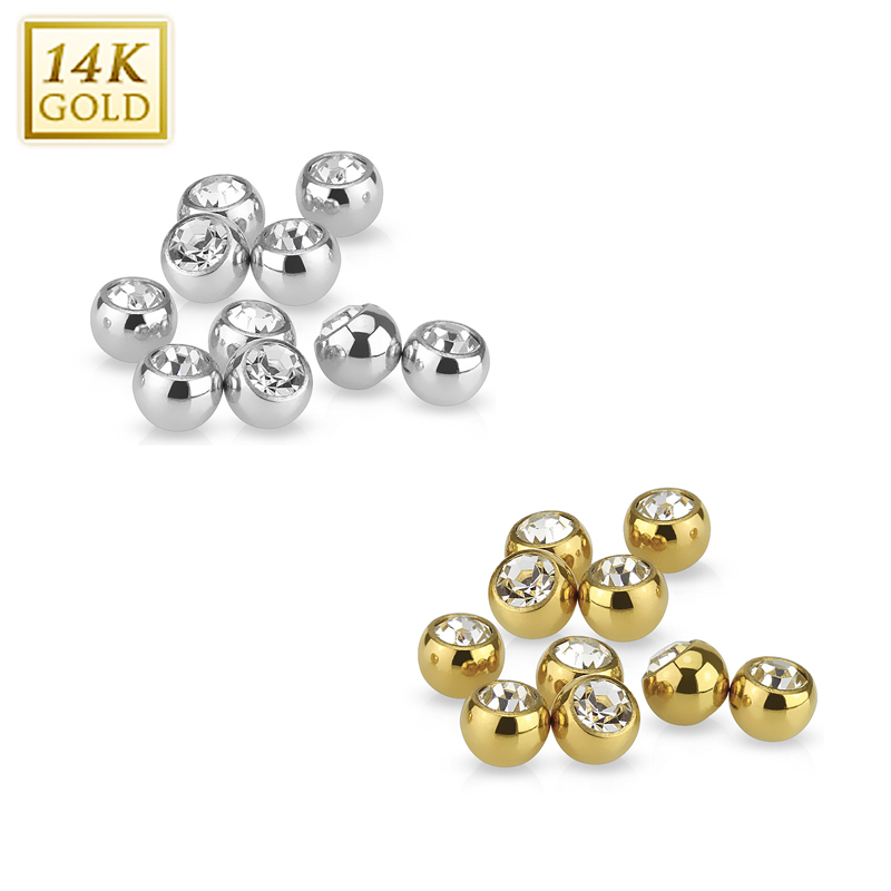 Replacement Ball 14K Solid Yellow or White Gold CZ Gem 14G 4MM Ball For