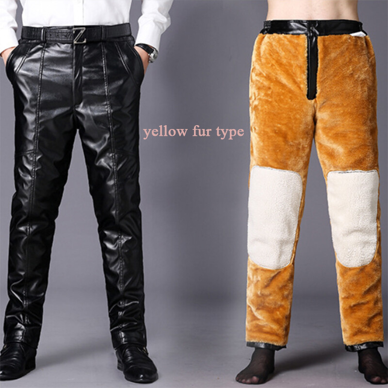 Winter Warm Herren Leder Hose PU Hose Verdickt Pelz Futter Freizeit Schwarz