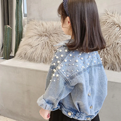 Pearls Beading Denim Jacket for Girls Fashion Coats Children