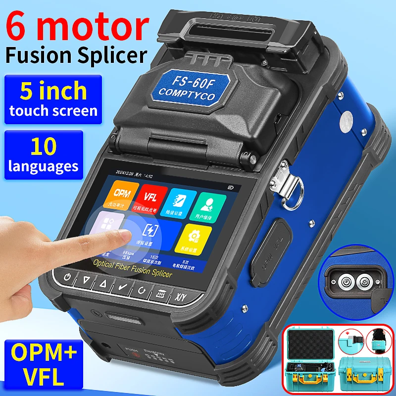 Six Motors FS-60F Fiber Optic Fusion Splicer Touch Screen 10 Languages Optical F