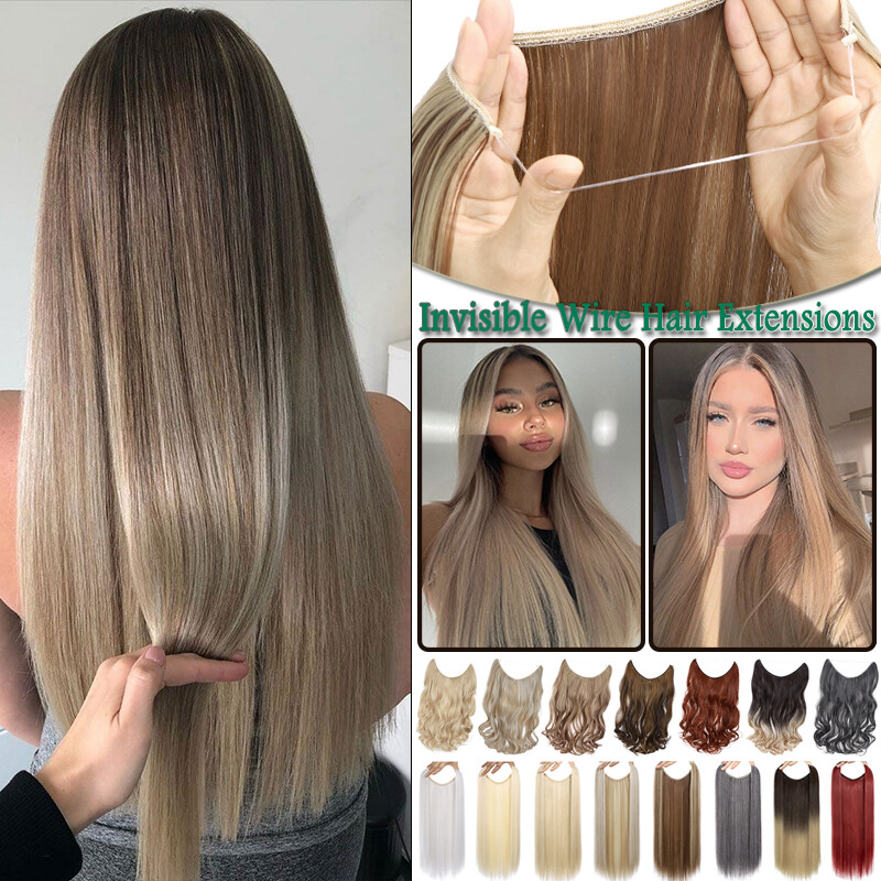 One Piece Long Invisible Wire Hair Extensions THick Hidden Hairpiece As Real US