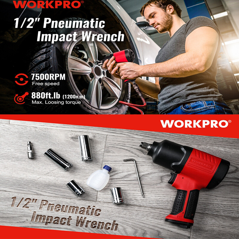 WORKPRO 1/2inch Drive Air Impact Wrench Pneumatic Impact Wrench 880ft.lb 7500RPM