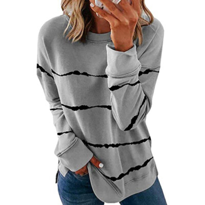 Women Striped Zipper Long Sleeve T-shirt Casual Loose Tunic Tops Blouse Pullover